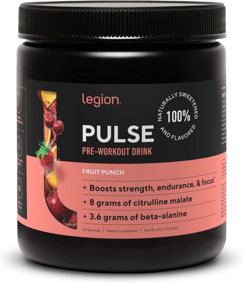 LEGION Pulse Pre Workout Supplement – All Natural Nitric Oxide Preworkout Drink to Boost Energy, Creatine Free, Naturally Sweetened, Beta Alanine, Citrulline, Alpha GPC (Fruit Punch)