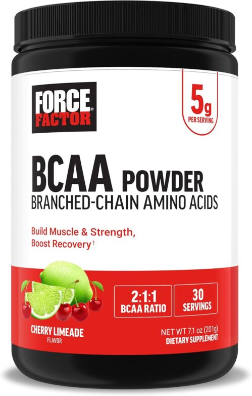 Force Factor BCAA Amino Acids Supplement 2:1:1, Delicious and Refreshing BCAA Powder to Support Muscle Recovery and Performance, No Artificial Colors or Flavors, Cherry Limeade, 30 Servings