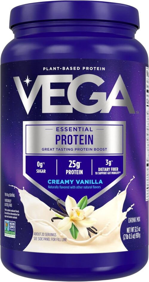 Vega Original Protein Powder, Creamy Vanilla Plant Based Protein Drink Mix for Water, Milk and Smoothies, 32.5 oz (Packaging May Vary)