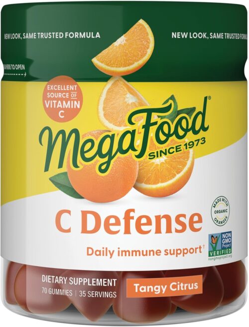 MegaFood C Defense Daily Immune Support Supplement – Chewable Vitamin C Gummies, Tangy Citrus Flavor, Made with Real Food Like Orange & Cranberry, Vegan, Gluten-Free – 70 Gummy Vitamins, 35 Servings