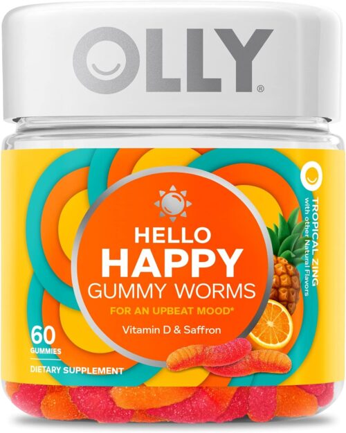 OLLY Hello Happy Gummy Worms, Mood Balance Support, Vitamin D, Saffron, Adult Chewable Supplement, Tropical Zing – 60 Count
