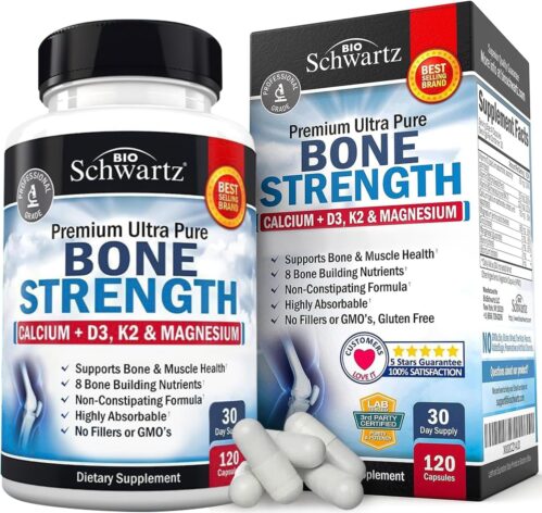 Bone Strength Calcium Supplement – with Calcium, Vitamin D3, K2, C, Magnesium, Zinc – 8 Bone Health Nutrients, High Absorption, Non-Constipating Dietary Supplement Formula – 120 Veggie Capsules