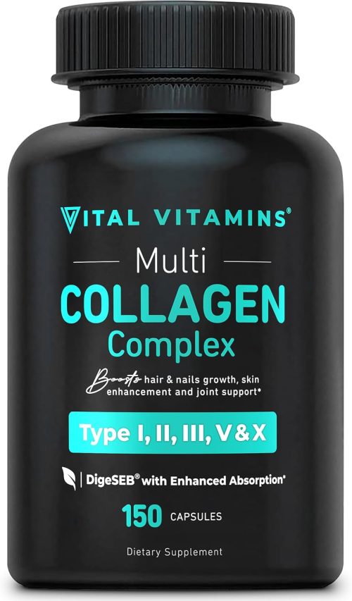 Vital Vitamins Multi Collagen for Women & Men – Type I, II, III, V, X – Grass Fed, Non-GMO – 150 Capsules