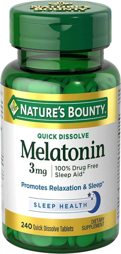 Nature’s Bounty Melatonin 3mg, 100% Drug Free Sleep Aids for Adults, Supports Relaxation and Sleep, Dietary Supplement, 240 Count (Cherry Flavour – Packaging May Vary)