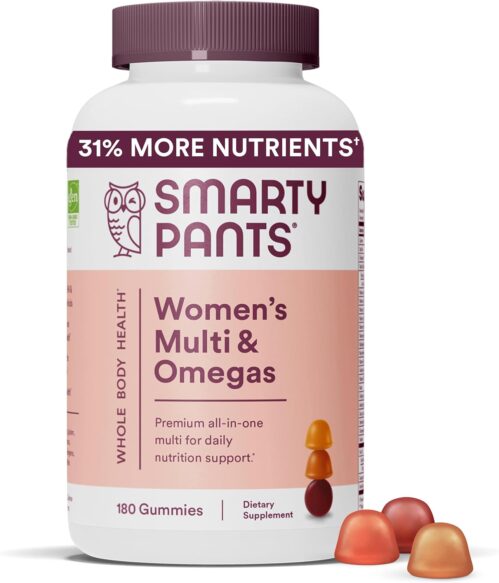 SmartyPants Women’s Multivitamin Gummies: Omega 3 Fish Oil (EPA/DHA), Methylfolate, CoQ10, Vitamin D3, C, Vitamin B12, B6, A, K & Zinc, Inositol, Gluten Free, 180 Count (30 Day Supply)