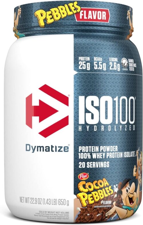 Dymatize ISO100 Whey Protein Powder Isolate, Cocoa Pebbles, 25g of Protein, 20 Servings, 5.5g BCAAs, Less Than 120 Cal., Gluten Free, 1g Fat, 1g Sugar, 2g Carb