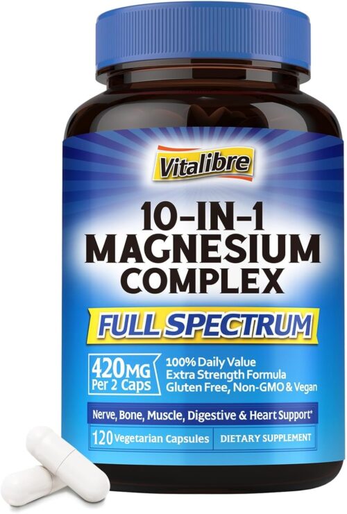 10 in 1 Magnesium Complex, 420mg Elemental Magnesium | Ultra Strength, Max Absorption | Chelated Magnesium Supplement for Sleep, Muscles, Nerves & Heart Health | Non-GMO, 120 Vegan Capsules