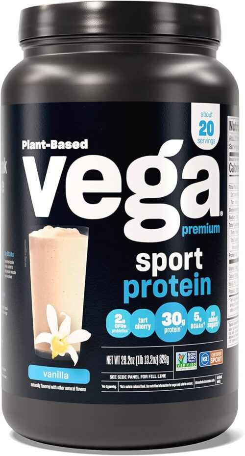 Vega Premium Sport Protein Vanilla Protein Powder, Vegan, Non GMO, Gluten Free Plant Based Protein Powder Drink Mix, NSF Certified for Sport, 29.2 oz, Packaging may vary