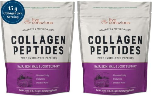Live Conscious Collagen Peptides Powder – Hair, Skin, Nail, and Joint Support – Type I & III Collagen – Naturally-Sourced Hydrolyzed Protein – 16oz (2-Pack)