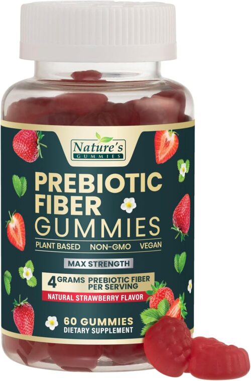 Fiber Supplement Gummies for Digestive Health & Regularity Support, Fiber 4g Gummy for Adults, Daily Prebiotic Supplements, Natural Prebiotic Fiber Gummy, Plant Based, Strawberry Flavored – 60 Gummies