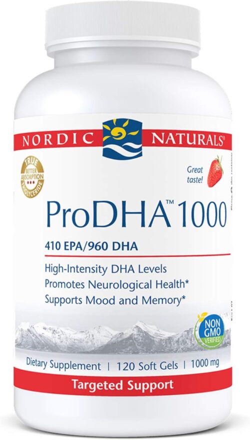 Nordic Naturals ProDHA 1000, Strawberry – 120 Soft Gels – 1660 mg Omega-3 – High-Intensity DHA Formula for Neurological Health, Mood & Memory – Non-GMO – 60 Servings
