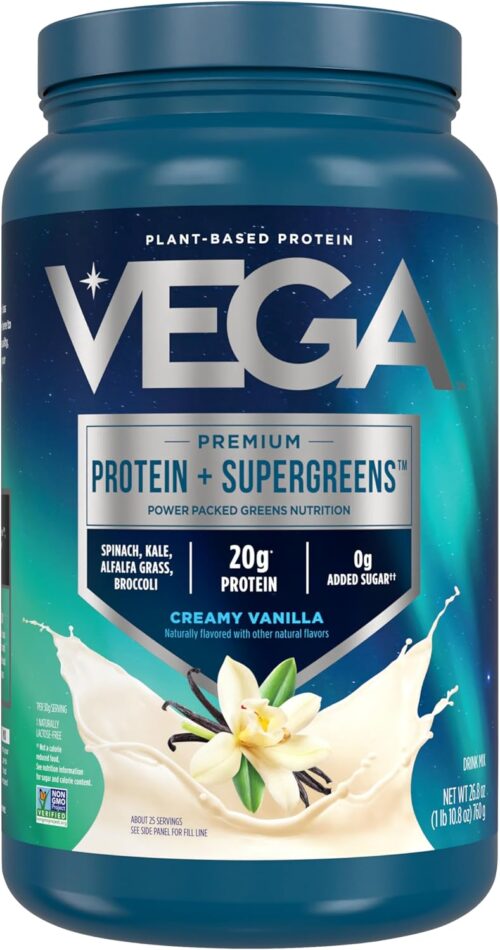Vega Protein and Greens Protein Powder, Vanilla – 20g Plant Based Protein Plus Veggies, Vegan, Non GMO, Pea Protein for Women and Men, 1.7 lbs (Packaging May Vary)