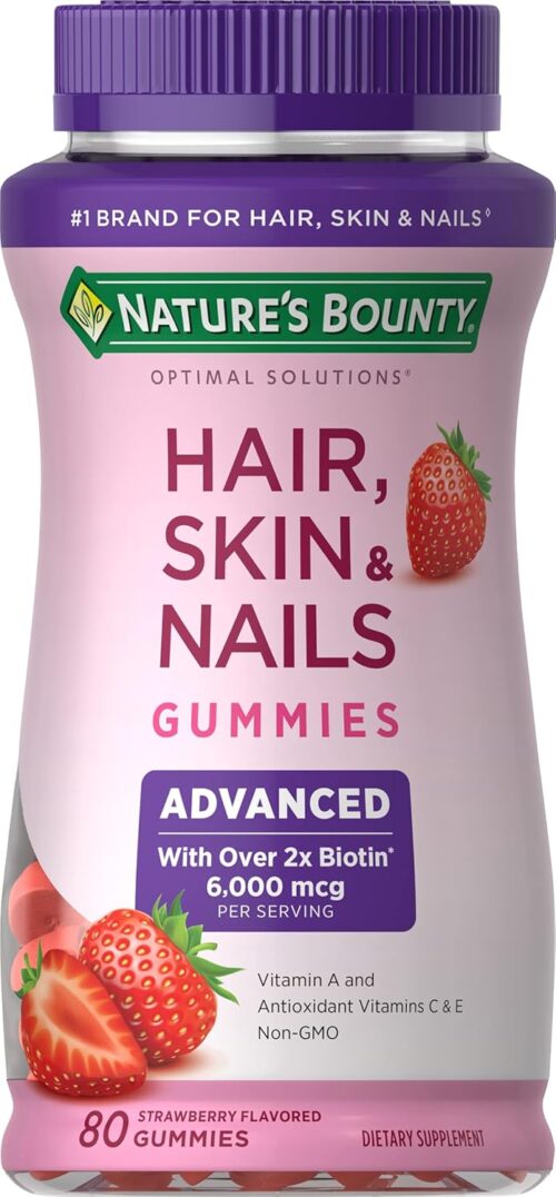 Nature’s Bounty Optimal Solutions Advanced Hair, Skin, Nails, 2X Biotin, 80 Strawberry Gummies, 40 Total Servings
