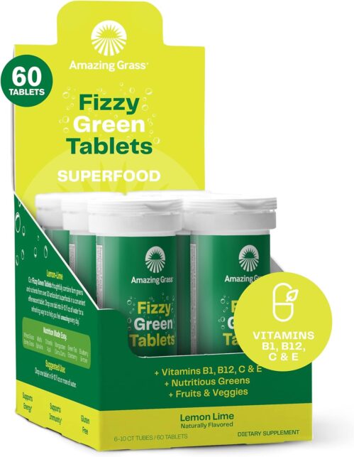 Amazing Grass Fizzy Green Tablets Superfood Lemon Lime: Green Superfood Water Flavoring Tablet with Antioxidants & Alkalizing Greens, 60 Count (Packaging May Vary)