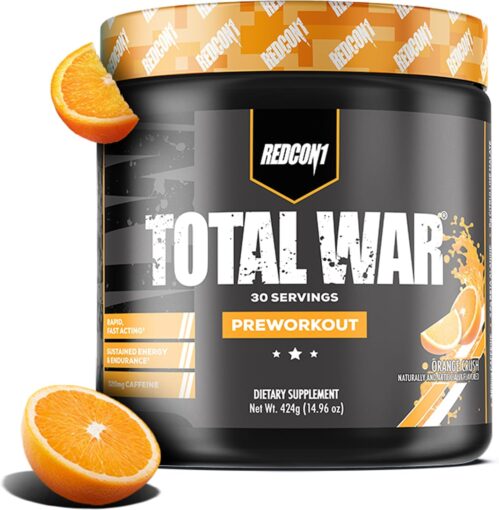 REDCON1 Total War Preworkout – Contains 320mg of Caffeine from Green Tea, Juniper & Beta Alanine – Pre Work Out with Amino Acids to Increase Pump, Energy + Endurance (Orange Crush, 30 Servings)