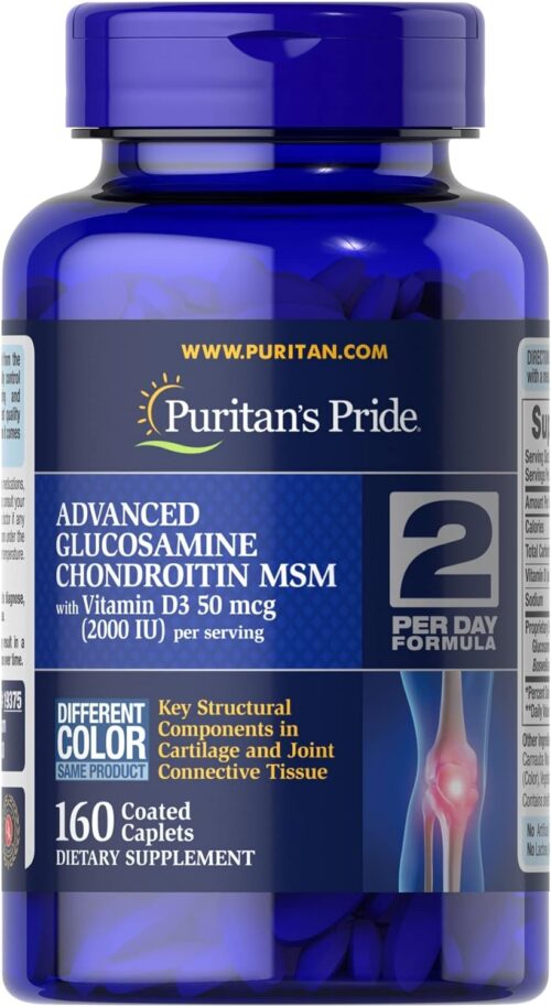 Puritan’s Pride Advanced Glucosamine Chondroitin MSM With Vitamin D3 50mcg (2000 IU), Dietary Supplement for Joint Health, 5 Month Supply, 160 Coated Tablets