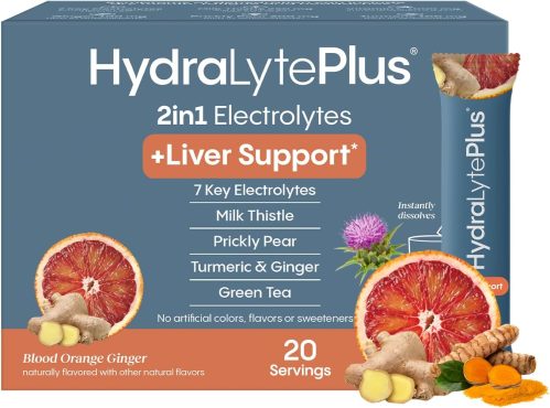 Hydralyte Liver Support + Electrolyte Mix with Milk Thistle, Turmeric, Ginger, Prickly Pear, Green Tea Extract Formulated for Rapid Rehydration (Blood Orange Ginger, 20 Packets)