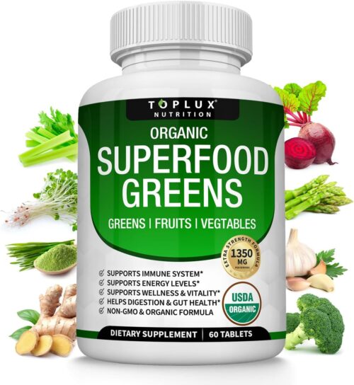 Organic Super Greens Capsules Superfood Fruit Veggie Supplement – 28 Powerful Natural Ingredients with Alfalfa, Beet Root, Tart Cherry & Ginger for Immune & Energy Support, for Men Women, 60 Tablets