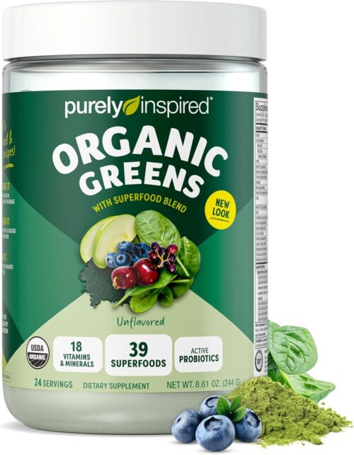 Purely Inspired Organic Green Powder Smoothie Mix, Unflavored (24 Servings) – Probiotics for Digestive Health with Spirulina & Chlorella for Gut Health – Vegan & Gluten-Free