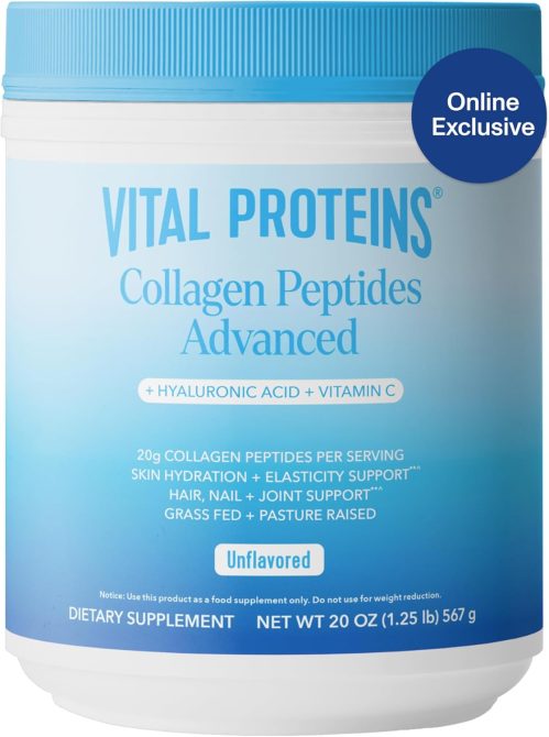 Vital Proteins Collagen Powder Supplement Hydrolyzed Peptides Powder with Hyaluronic Acid and Vitamin C, Unflavored, 20 oz