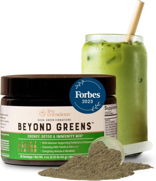 Live Conscious Beyond Greens Superfood Powder – Delicious Debloating Super Greens Powder – Matcha Greens Blend w/Chlorella, Echinacea, Probiotics for Immune Support & Energy