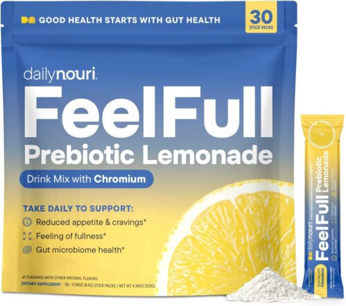 Daily Nouri FeelFull Prebiotic Lemonade Drink Mix with Chromium | for Natural Feeling of Fullness, Appetite & Cravings Support | Dietary Fiber for Gut Microbiome & Metabolic Health | 30 Stick Packs