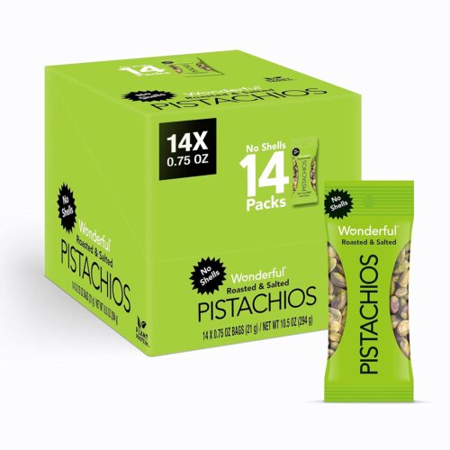 Wonderful Pistachios No Shells, Roasted & Salted Nuts, 0.75 Ounce Bag (Pack of 14), Protein Snacks, Vegan Snacks, On-the-Go, Individual Snacks for Adults