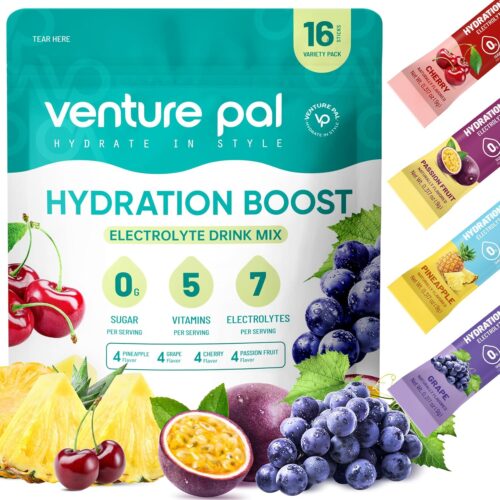 Venture Pal Sugar Free Electrolyte Powder Packets – Liquid Daily IV Drink Mix for Rapid Hydration & Party Recovery | 5 Vitamins & 7 Electrolytes| Keto Friendly | Non-GMO | Certified Vegan | 16 Sticks