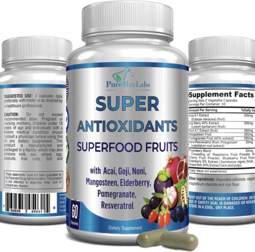 Super Antioxidant Fruit Superfood Complex – Powerful Antioxidant Superfruits, Acai, Goji, Noni, Mangosteen, Pomegranate, Elderberry, Resveratrol, Immune Support, Skin Care – 60 Capsules