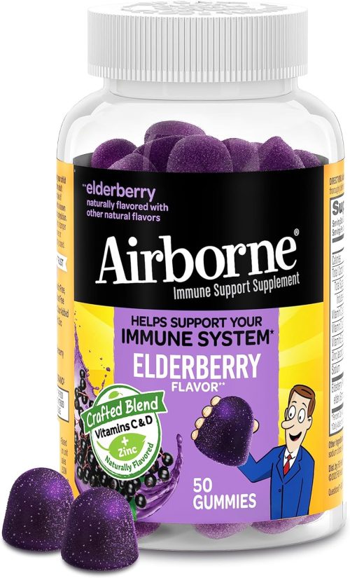 Airborne Elderberry + Zinc & Vitamin C Gummies For Adults, Immune Support Vitamin D & Zinc Gummies With Powerful Antioxidant Vitamins C D & E – 50 Gummies, Elderberry Flavor