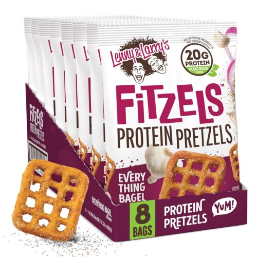 Lenny & Larry’s Everything Bagel FITZELS- Savory Pretzel Snacks Incredibly Tasty, High Protein Salty, Vegan, Kosher 20 g’s of Plant Based Protein 8 (eight) Bags, 3 oz Each