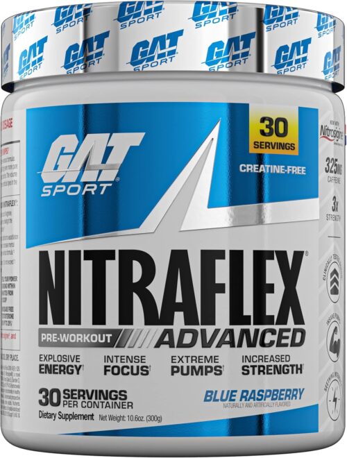 GAT SPORT Nitraflex Advanced Pre-Workout Powder, Increases Blood Flow, Boosts Strength and Energy, Improves Exercise Performance, (Blue Raspberry, 30 Servings)
