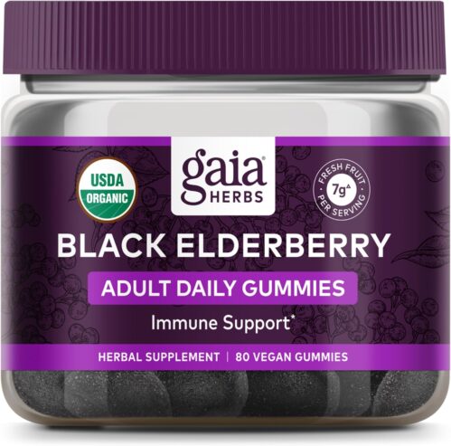 Gaia Herbs Black Elderberry Adult Daily Gummies – Delicious Immune Support Supplement – Made with Certified Organic Black Elderberries for Immune System Support, 80 Gummies (40-Day Supply)