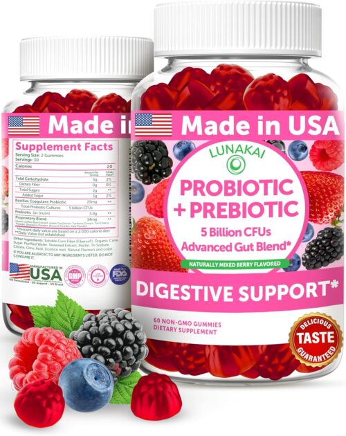 Lunakai USA Made Prebiotic + Probiotic Gummies for Women and Men – High Potency 5 Billion CFUs with Fibers – Non-GMO Gut Health Support 60ct