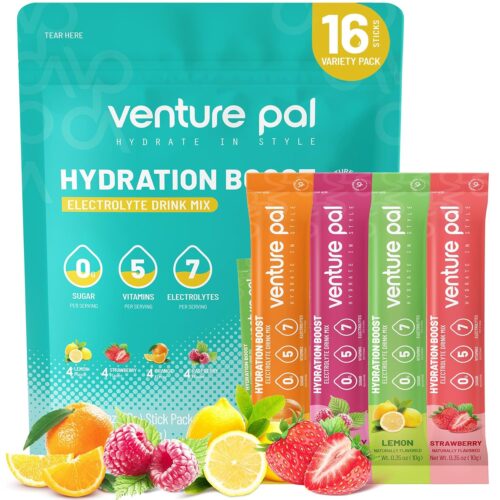 Venture Pal Sugar Free Electrolyte Powder Packets – Liquid Daily IV Drink Mix for Rapid Hydration & Party Recovery | 5 Vitamins & 7 Electrolytes| Keto Friendly | Non-GMO | Certified Vegan | 16 Sticks