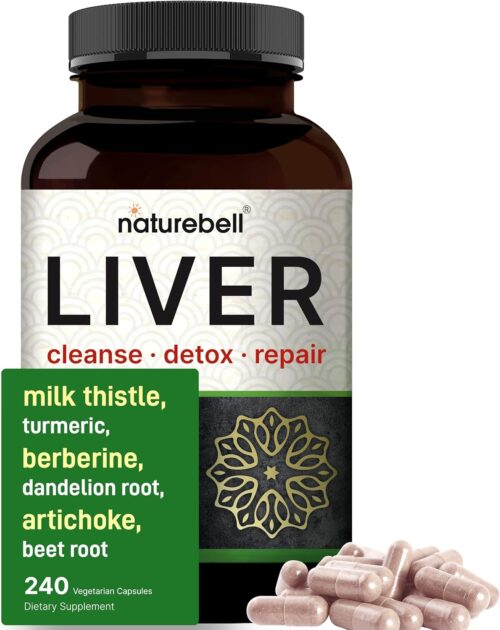 NatureBell Liver Cleanse Detox & Repair, 240 Veggie Capsules | Milk Thistle, Dandelion Root, Artichoke, Turmeric, Black Currant Oil & More in 15-in-1 Formula | Herbal Liver Support Supplement