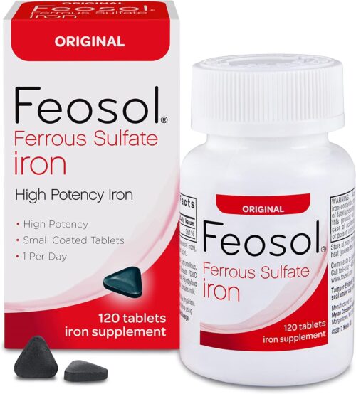 Feosol Original Iron Supplement Tablets, Non-heme, 325mg Ferrous Sulfate (65mg Elemental Iron) per Iron Pill, 1 Per Day, 120ct, 4 Month Supply, for Energy and Immune System Support, Made in USA