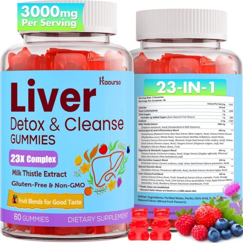 3000mg Liver Cleanse Detox & Repair Gummies | Milk Thistle 2000mg with Turmeric Dandelion Root & Artichoke for Liver Detox, Liver Support & Renew, Antioxidant, Gut, Skin – Fruit Flavor, 60 Gummies