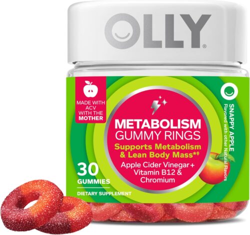OLLY Metabolism Gummy Rings, Apple Cider Vinegar, Vitamin B12, Chromium, Energy and Digestive Health, Chewable Supplement, Apple Flavor – 30 Count