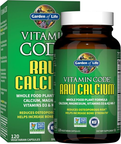 Garden of Life Raw Calcium Supplement for Women and Men – Vitamin Code Made from Whole Foods with Magnesium, K2, Vitamin D3 and Vitamin C, for Bone Strength, Probiotics for Digestion, 120 Capsules