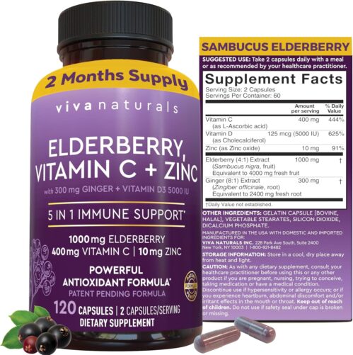 Viva Naturals Elderberry with Vitamin C and Zinc for Adults – 5 in 1 Sambucus Black Elderberry Capsules with Vitamin D3 5000 IU Immunity Supplement, Sambucus Elderberry Immune Support Supplement
