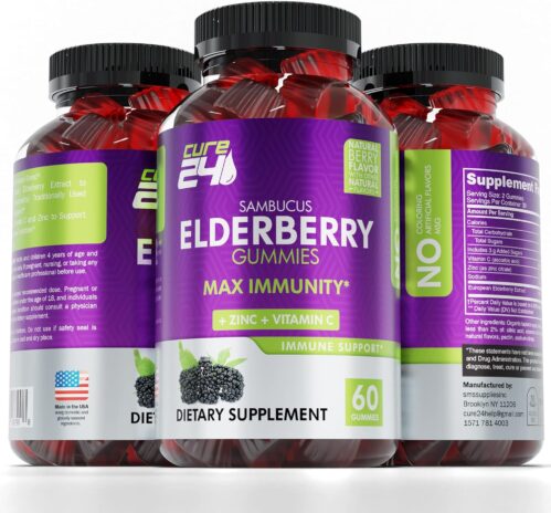 Sambucus Elderberry Gummies + Vitamin C + Zinc for Kids & Adults, X3 Immune Support, Natural Flavors + Ingredients, Vegan, Non-GMO, 60 Count, Made in USA
