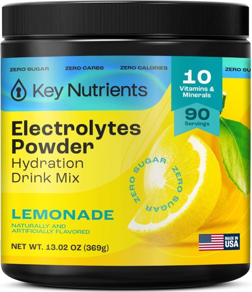 KEY NUTRIENTS Multivitamin Electrolytes Powder No Sugar – Refreshing Lemonade Electrolyte Powder – Sodium & Energy Supplement – Hydration Powder – No Calories – 90 Servings – Made in USA