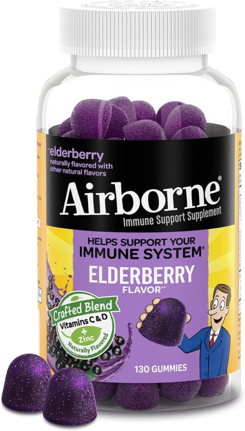 Airborne Elderberry + Zinc & Vitamin C Gummies For Adults, Immune Support Vitamin D & Zinc Gummies with Powerful Antioxidant Vitamins C D & E – 130 Gummies, Elderberry Flavor