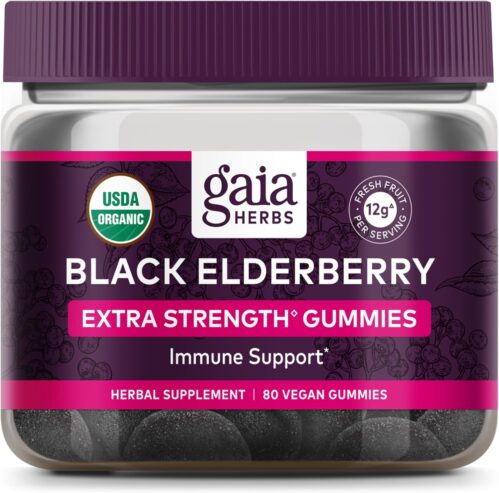 Gaia Herbs Black Elderberry (Sambucus Nigra) Extra Strength Gummies – Delicious Immune Support Supplement – Made with Certified Organic Black Elderberries for Immune System Support – 80 Gummies