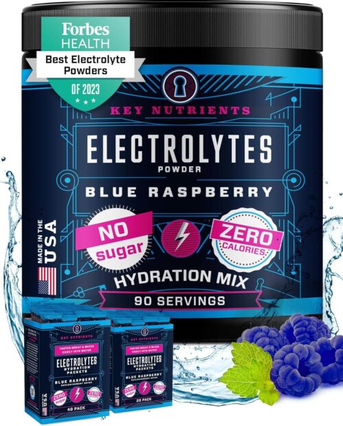 KEY NUTRIENTS Multivitamin Electrolytes Powder No Sugar – Sweet Blue Raspberry Electrolyte Powder – Endurance & Energy Supplement – Hydration Powder – No Calories – 90 Servings – Made in USA
