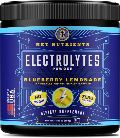 KEY NUTRIENTS Multivitamin Electrolytes Powder No Sugar – Fresh Blueberry Lemonade Electrolyte Powder – Endurance & Energy Supplement – Hydration Powder – No Calories – 90 Servings – Made in USA