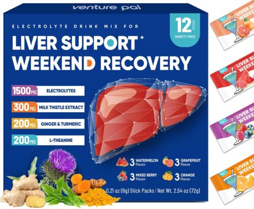 Venture Pal Liver Cleanse Detox & Repair, Liver Support with Milk Thistle + Ginger & Turmeric + L-Theanine + 5 Vitamins & 7 Electrolytes, Rapid Rehydration & Weekend Recovery Powder Packets, 12 Sticks