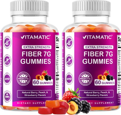 Vitamatic 2 Pack Prebiotic Fiber Gummies for Adults – 7G Fiber Extra Strength – Zero Sugar Added – 60 Pectin Based Gummies – Digestive Health & Regularity Support, (Total 120 Count)