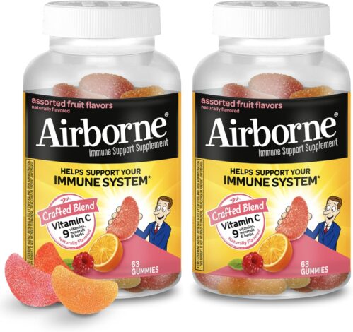 Airborne 750mg Vitamin C Gummies For Adults, Immune Support Gummies With Powerful Antioxidants Vit C & E, Caffeine Free – 2x63ct Bottle (42 Servings), Assorted Fruit Flavor